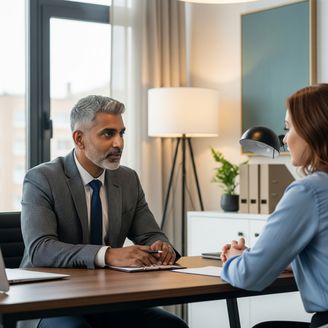 An alimony lawyer in a law office, engaged in a focused discussion with a client across a desk.
