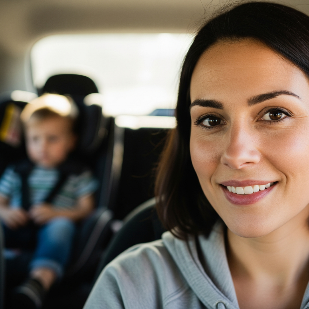 A woman in a car drivers seat with a kid in the backseat
