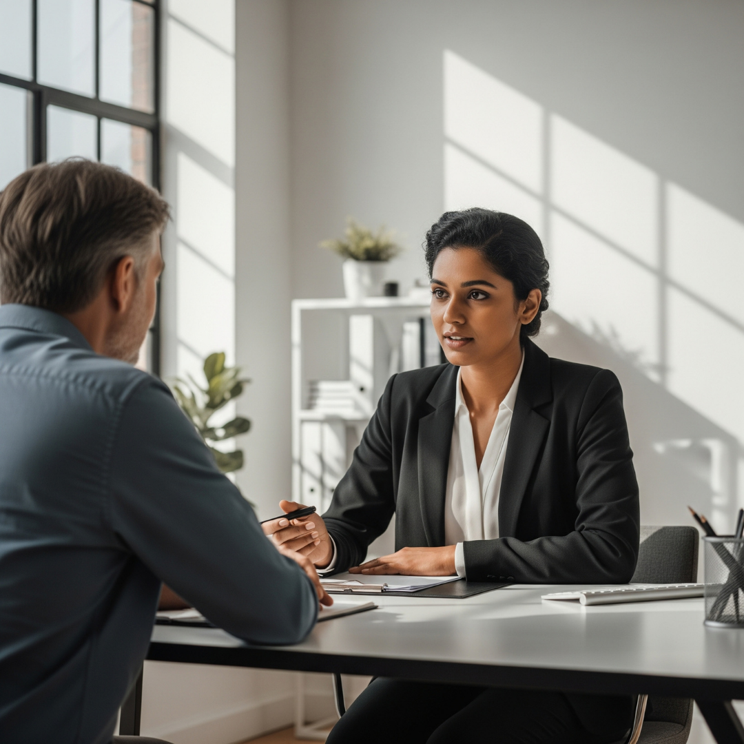 A lawyer in a modern, well-lit office, engaged in a focused discussion with a client across a desk.