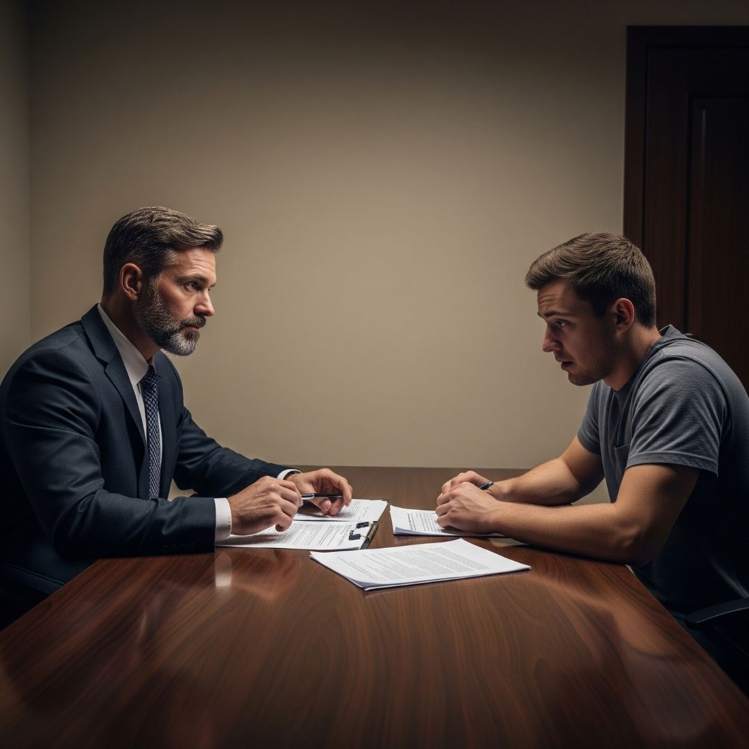 A client and a criminal defense lawyer having a confidential discussion in a private office