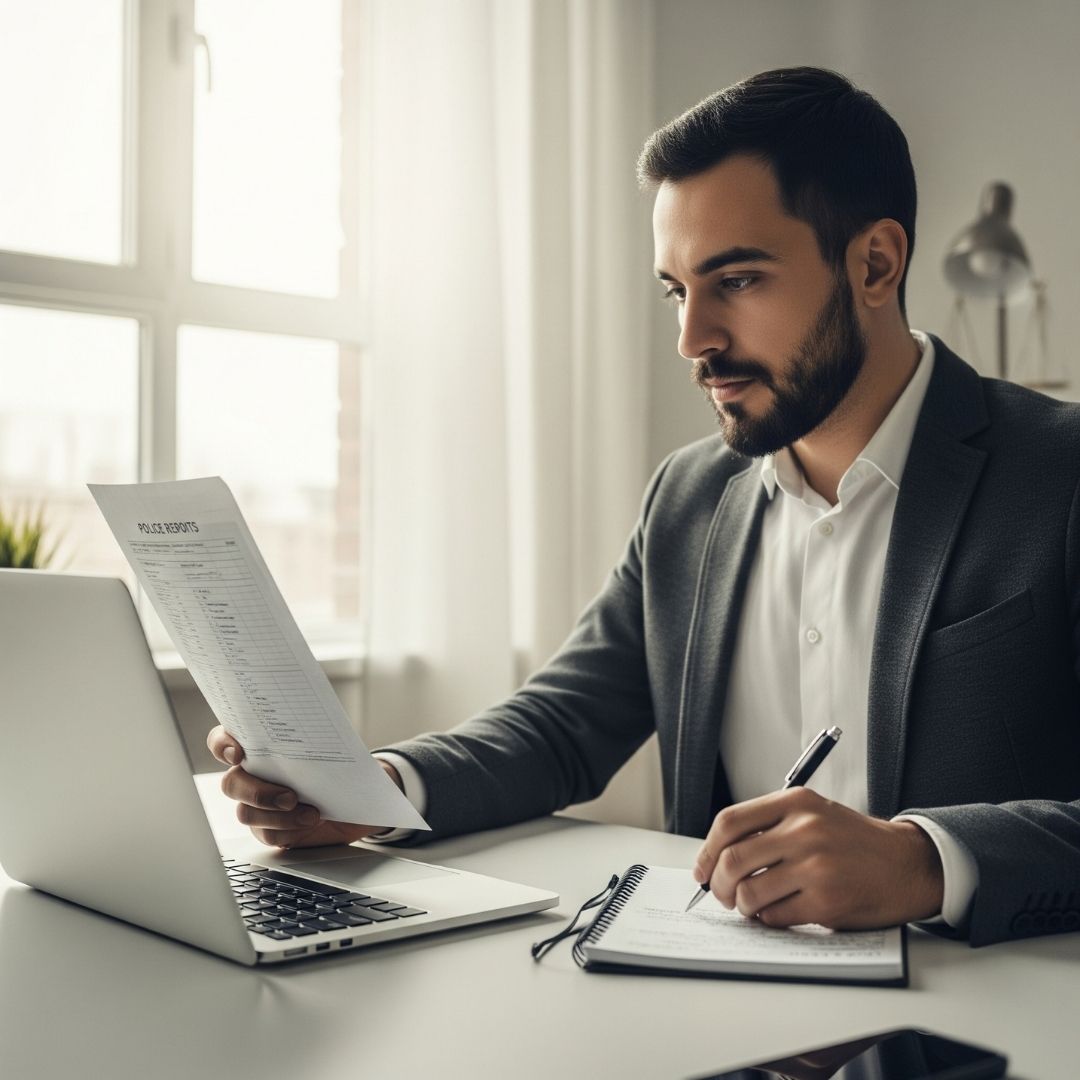 A criminal defense lawyer meticulously reviewing police reports through a laptop, taking notes on a notepad beside