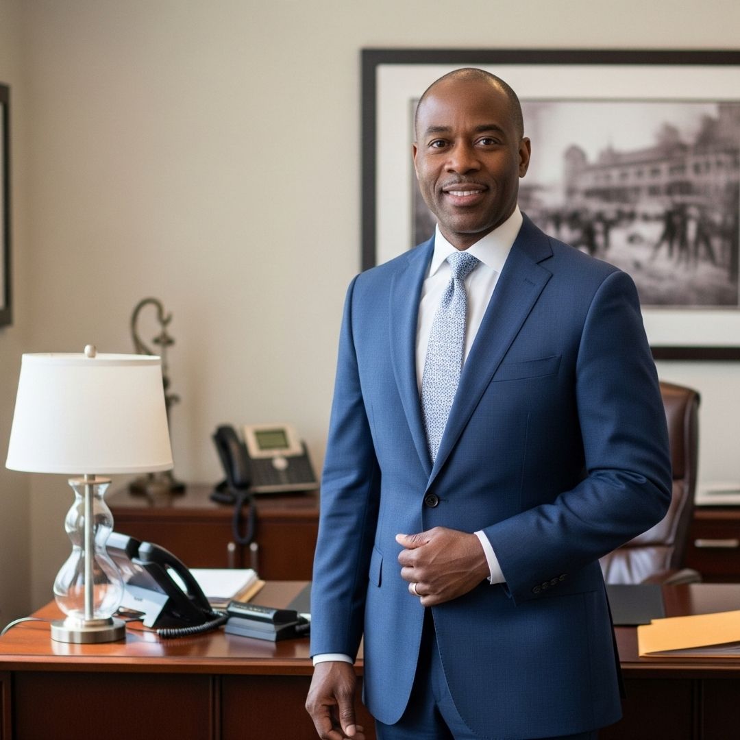 A professional and experienced criminal defense attorney in Baltimore, Maryland, standing confidently in a modern law office