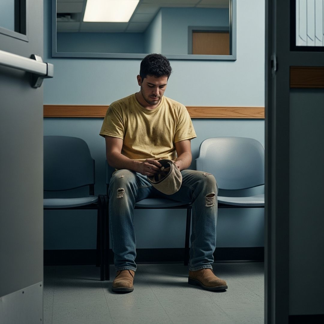A worker sitting in a doctors office waiting room