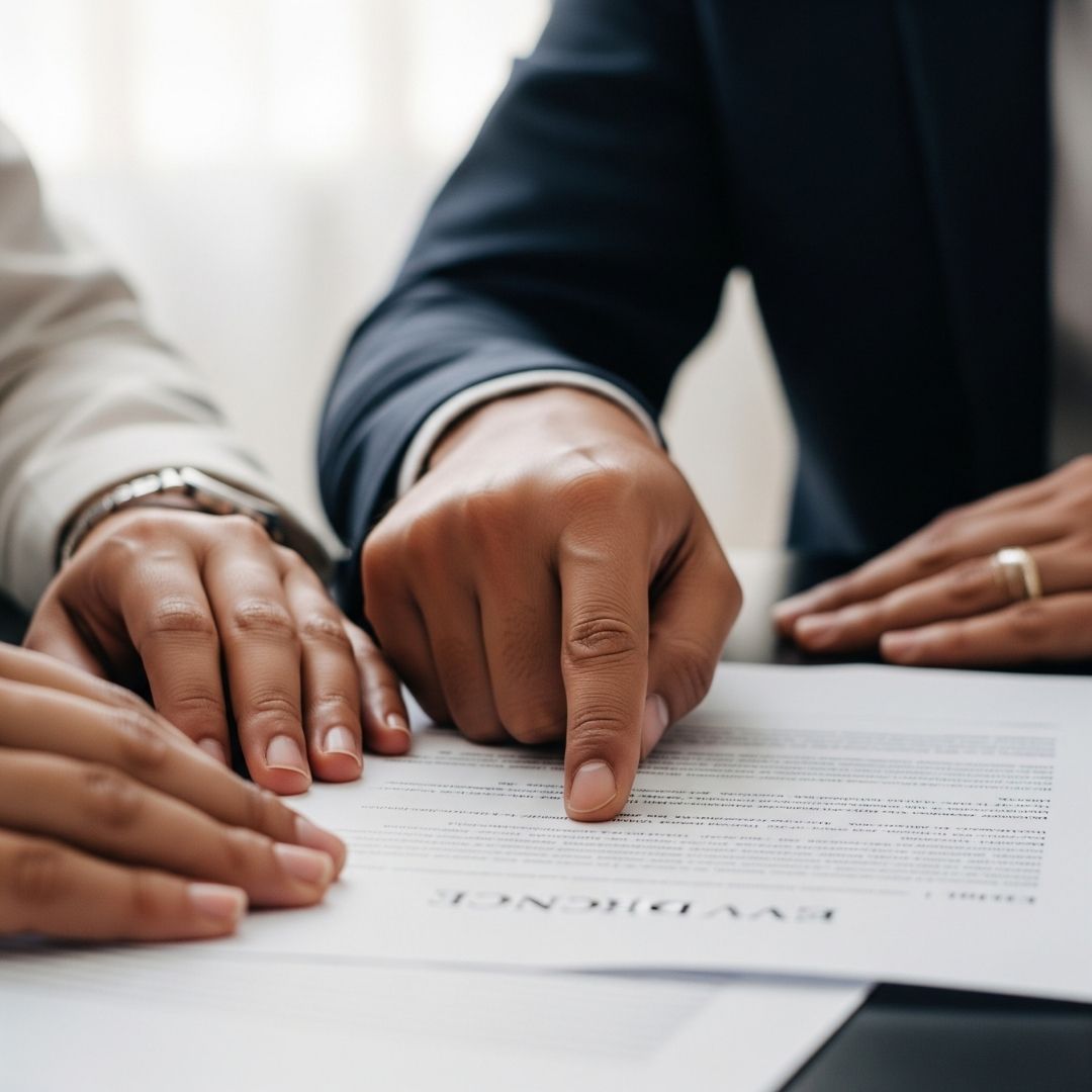 A diverse lawyer's hand pointing at a detail on a document, while the client's hand rests nearby