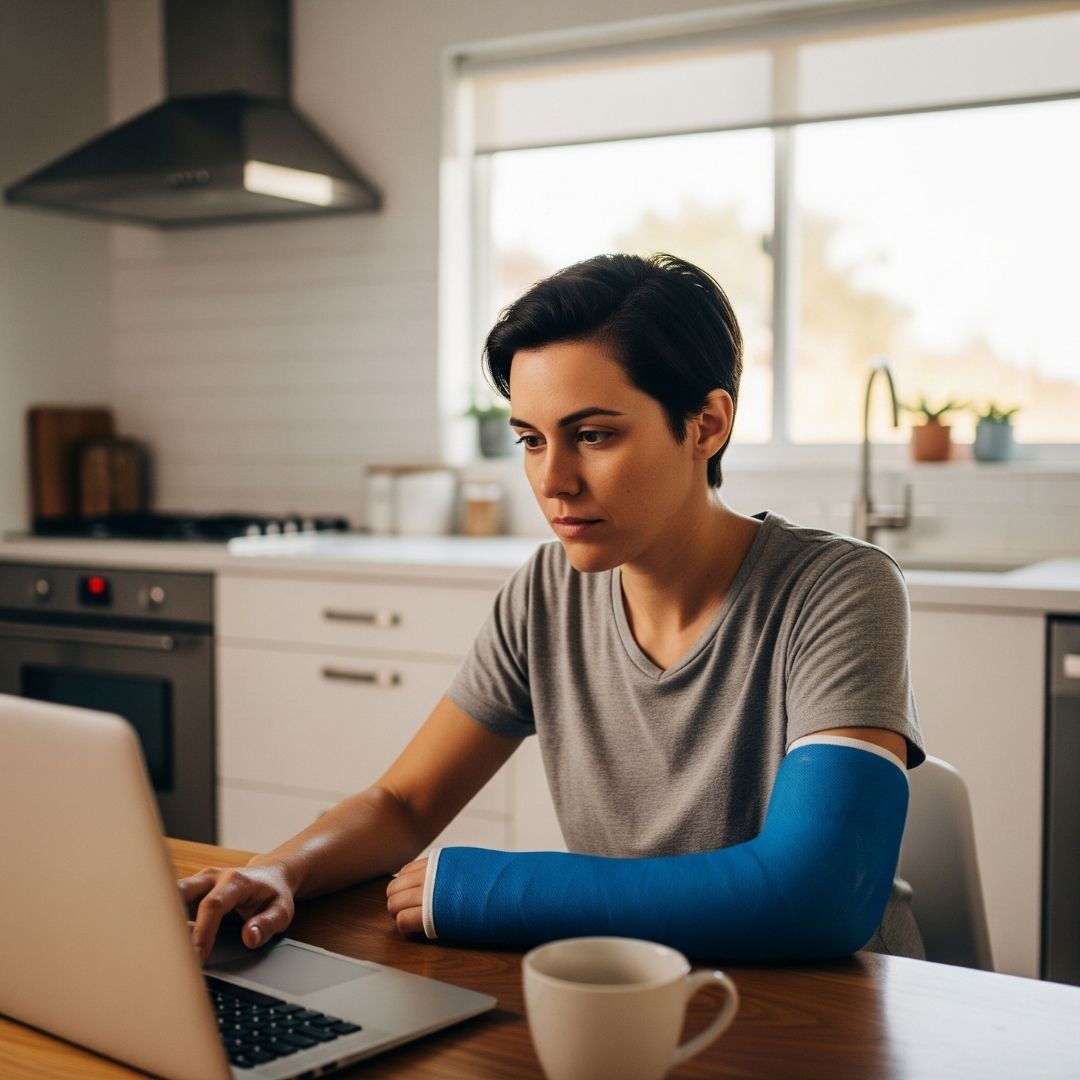 A person with their arm in a blue cast sitting at kitchen table looking at their laptop, possibly paying bills