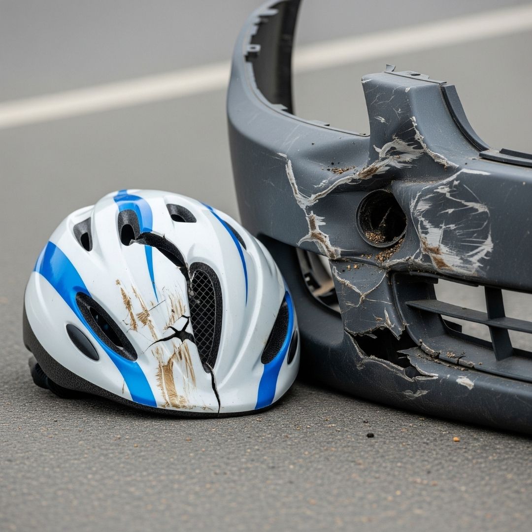 A close-up, 1:1 image of a damaged bicycle helmet and a portion of a crumpled vehicle bumper, illustrating the physical impact of a collision.