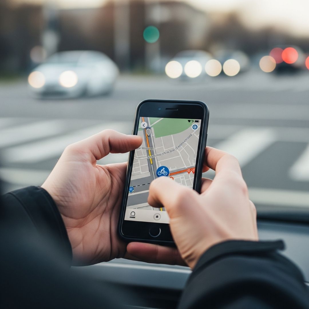 A person's hands holding a cell phone displaying a navigation app while at an intersection, representing distracted driving and its link to accidents.