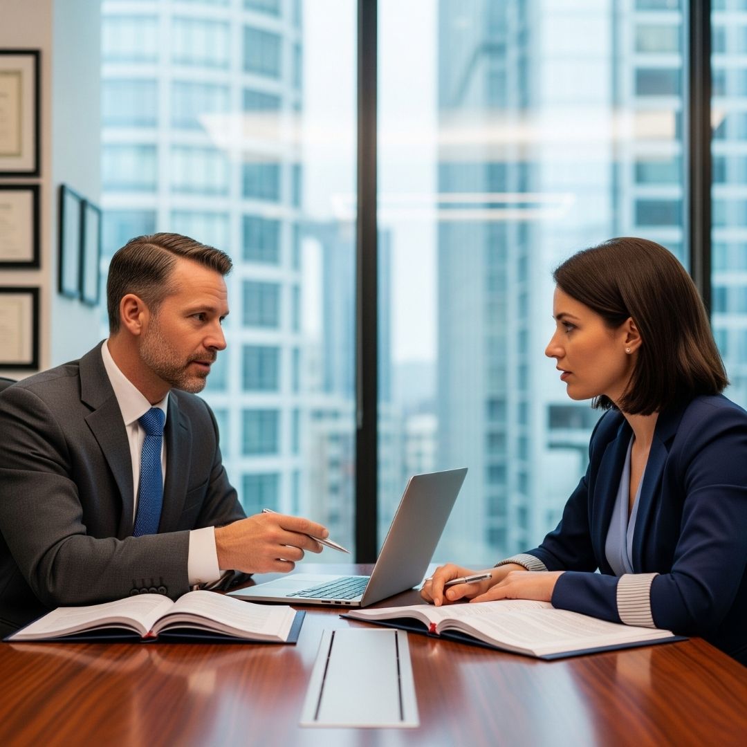 A lawyer and a client in a modern office, reviewing documents together to show the process of professional legal consultation.