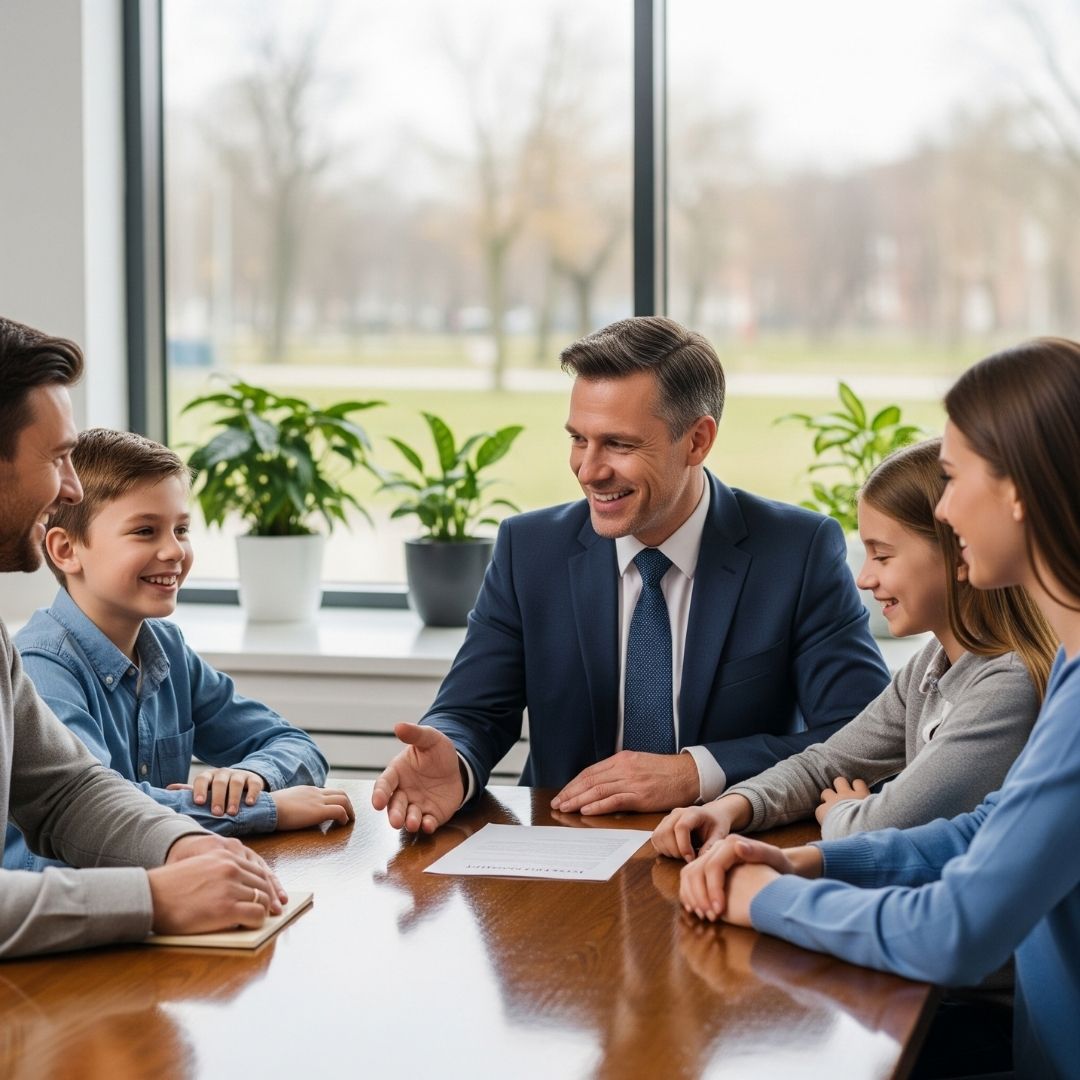 A happy family and a calm mediation session, illustrating how mediation can lead to a positive family outcome.