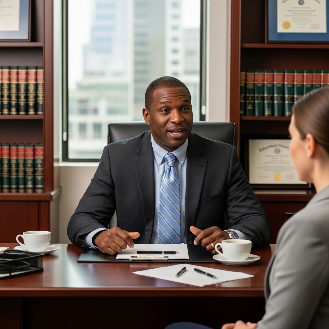 A professional attorney taling with a satisfied client in a law office
