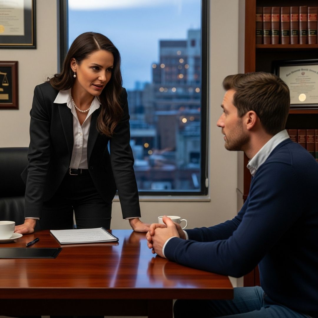 lawyer advises protective order client in a law office