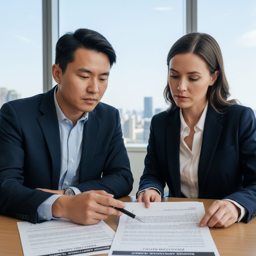 Two business partners in an office reviewing a contract, representing a business dispute.