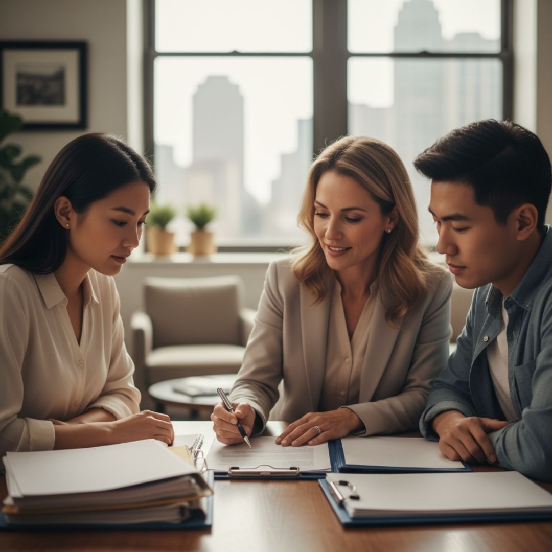A legal team member guiding a couple through paperwork in an office setting.