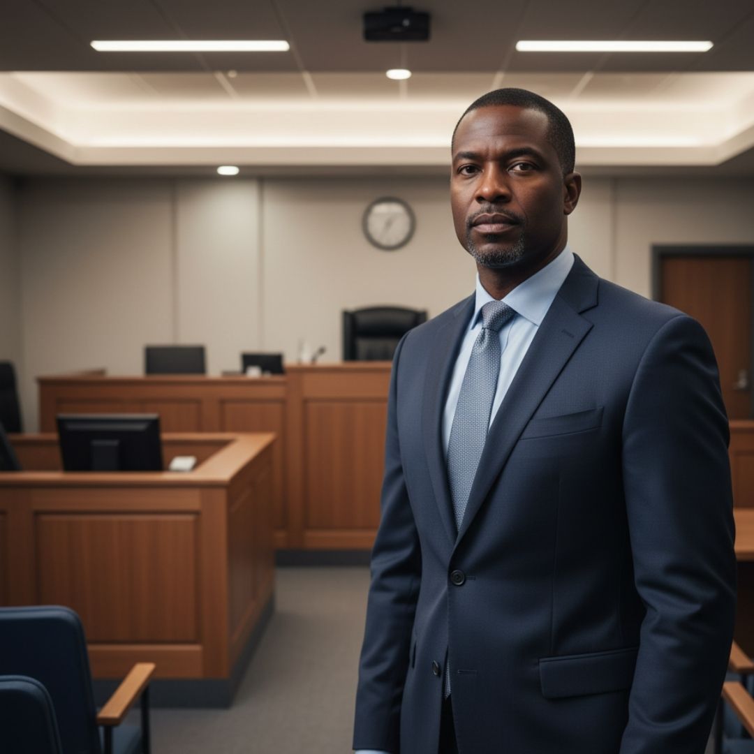 A confident civil litigation lawyer stands in a formal courtroom setting.