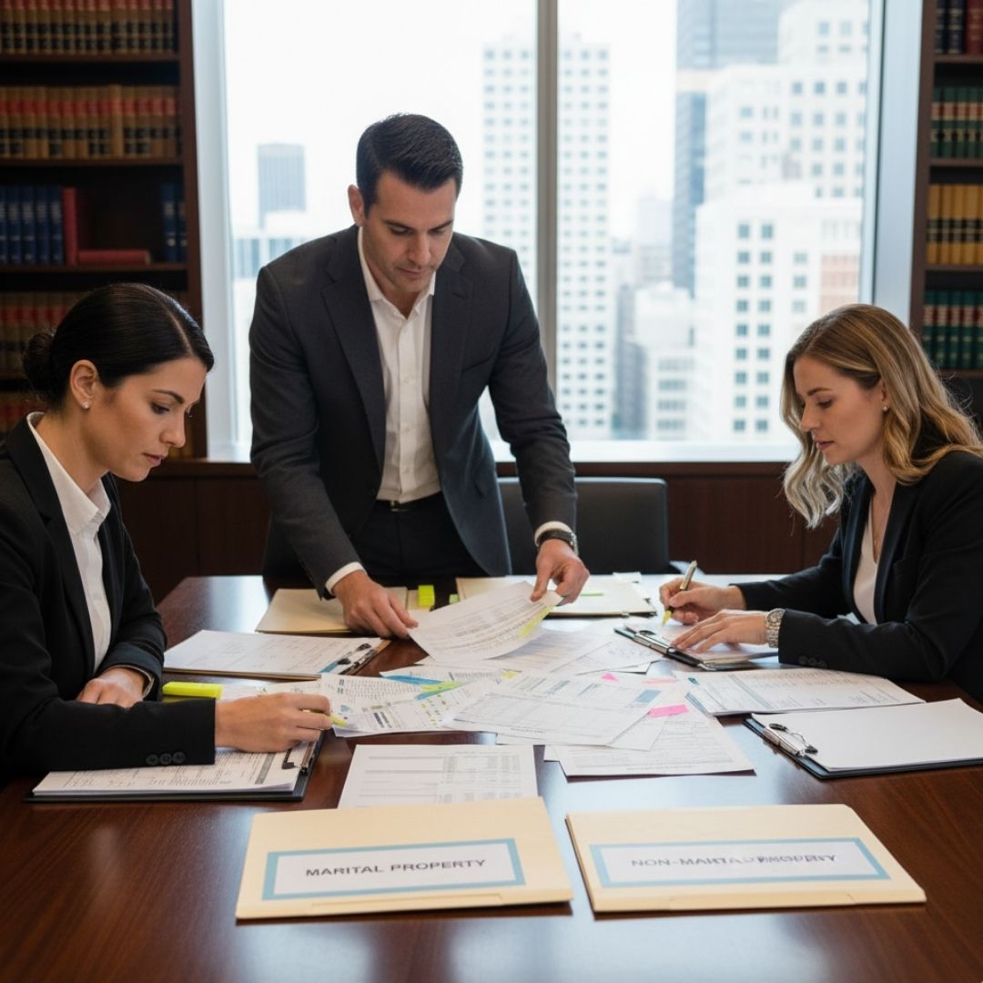 legal staff meticulously organizing and sorting financial documents
