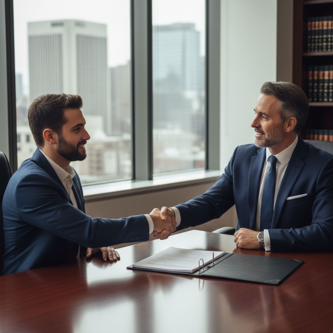 A lawyer and his client shaking hands across a desk