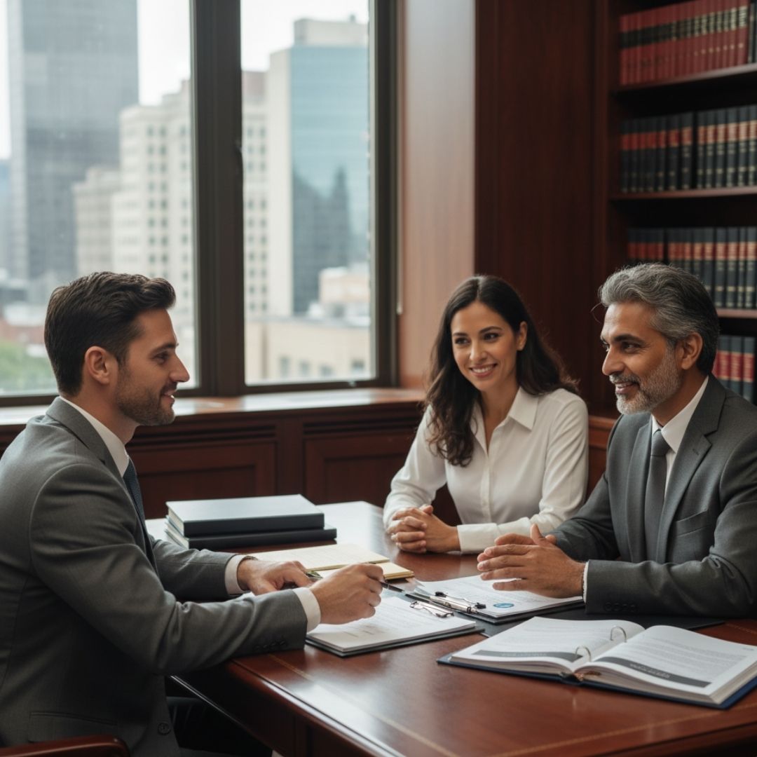 A DIVERSE lawyer sitting at a desk in his office, speaking with a couple and answering their questions about property division