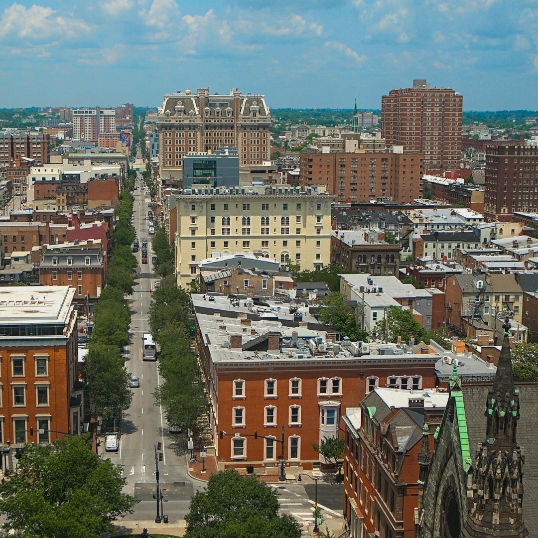 aerial view of downtown baltimore street