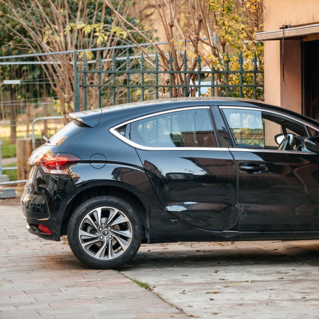 A car pulling out of a garage.